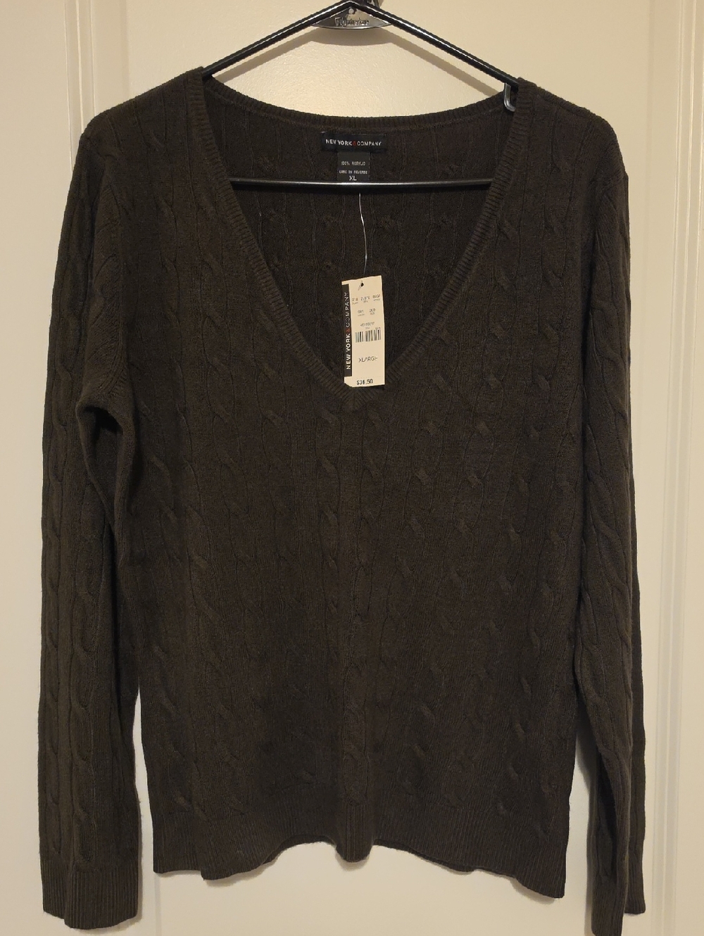 New York & Company Brown Cable Knit Deep V-Neck Sweater